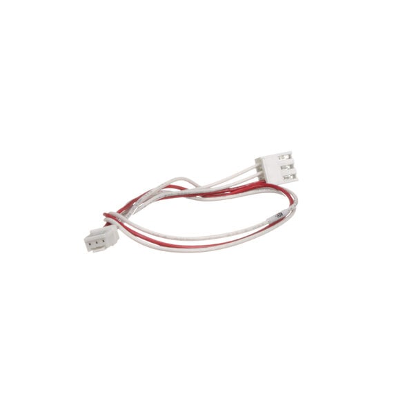 A close-up of a white wire harness with red and white wires.