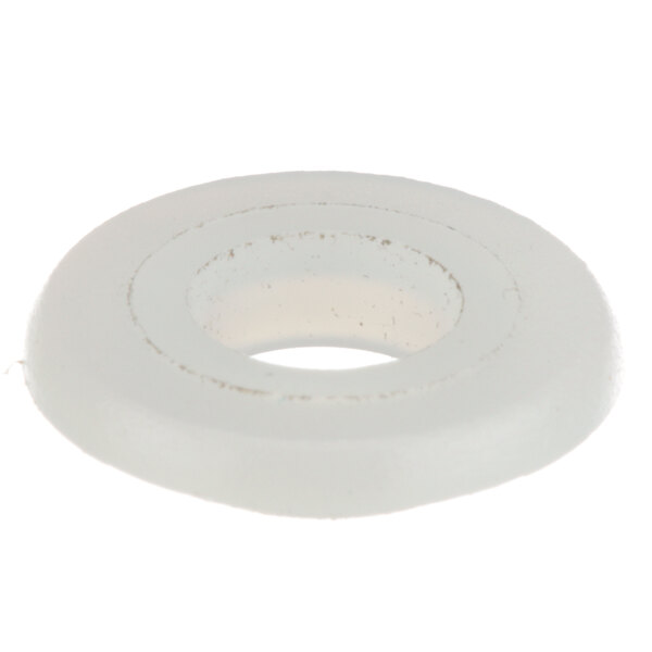 A white round plastic washer with a hole in the middle.