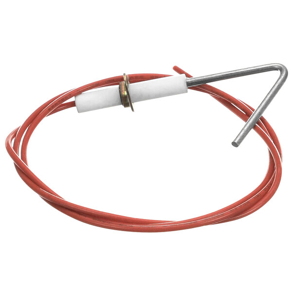 A red wire with a white tube and a metal hook.