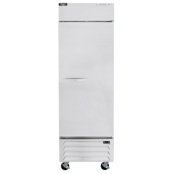 A stainless steel Beverage-Air reach-in refrigerator with a handle.