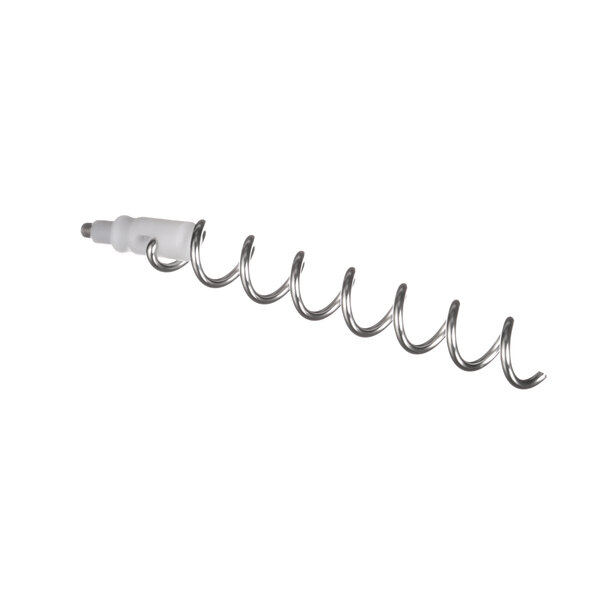 A metal spiral with a white tip and a hook on the end.