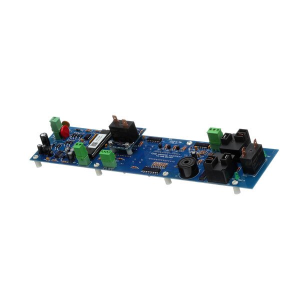 A blue circuit board with green and black components.