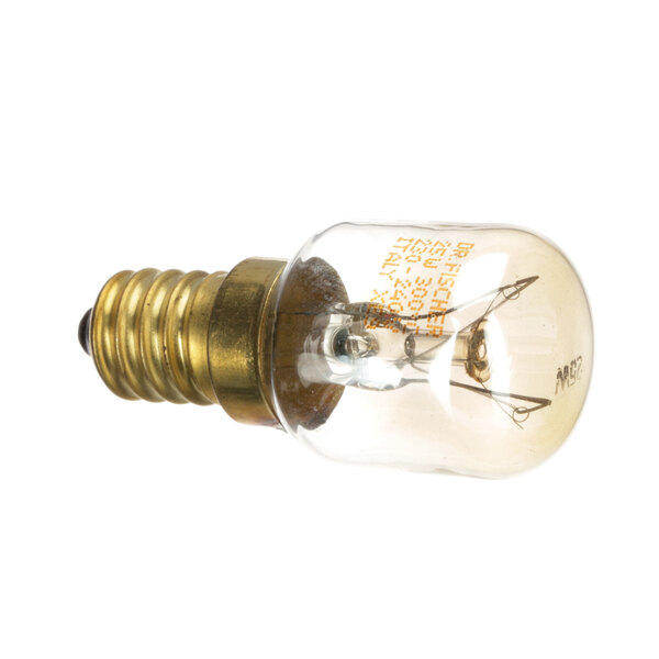 A close-up of a Lang light bulb with a gold base.