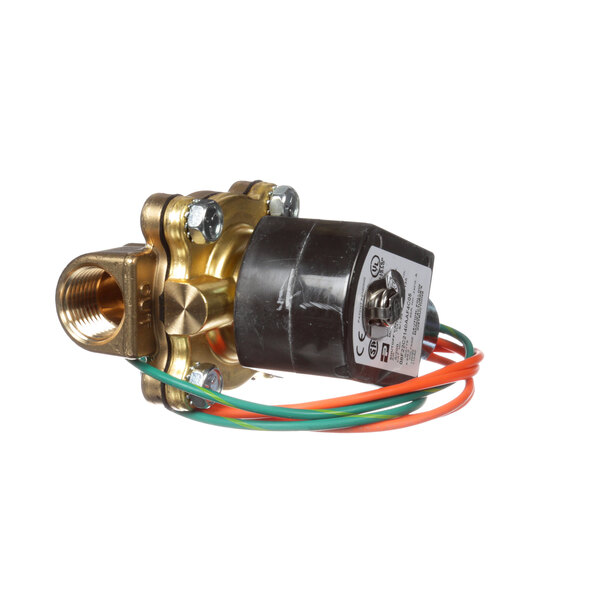 An Ultrafryer Systems solenoid valve with a brass body and green wires.