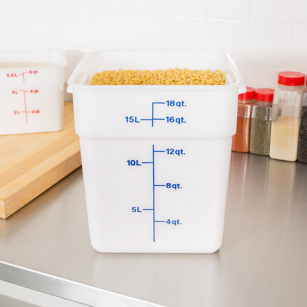A white Cambro CamSquares polyethylene food storage container with pasta inside.