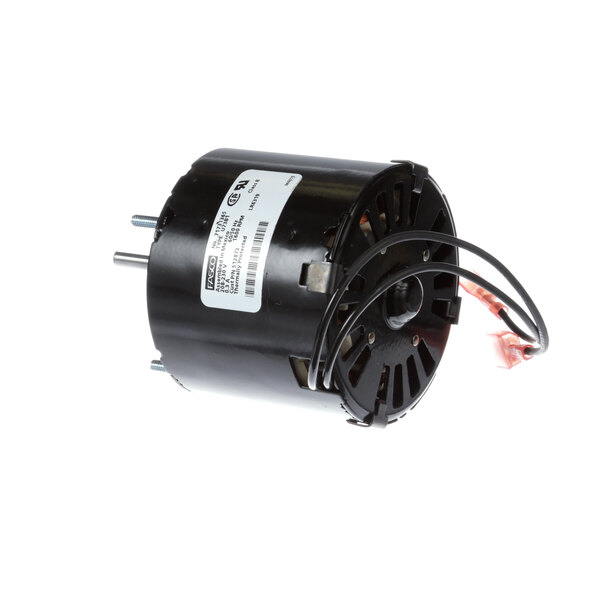 A black Duke electric fan motor with wires and a white label.