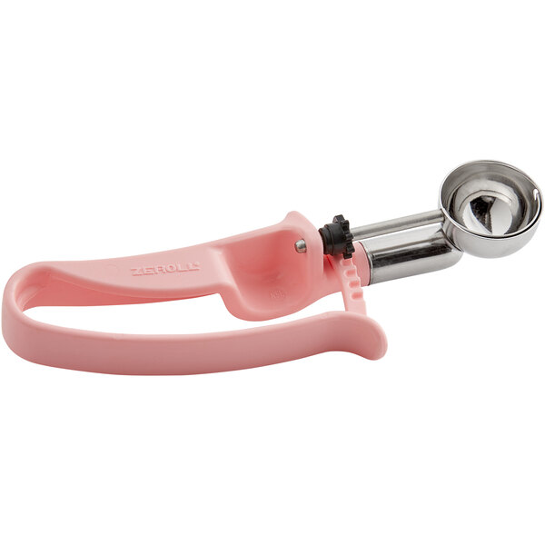 A Zeroll pink ice cream scooper with a metal handle.