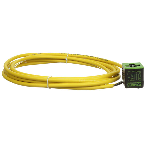 A close-up of a yellow cable with a green Cleveland Din connector.