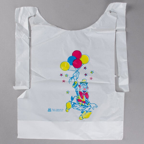 A white plastic bag with a clown holding balloons.