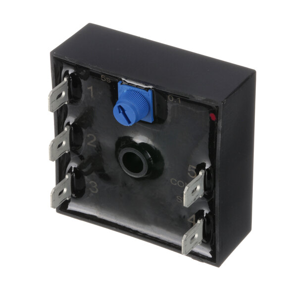 A black box with a blue knob and a blue plastic knob with an arrow.