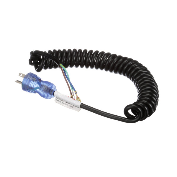 A black Cadco electrical cord with blue and white plugs.
