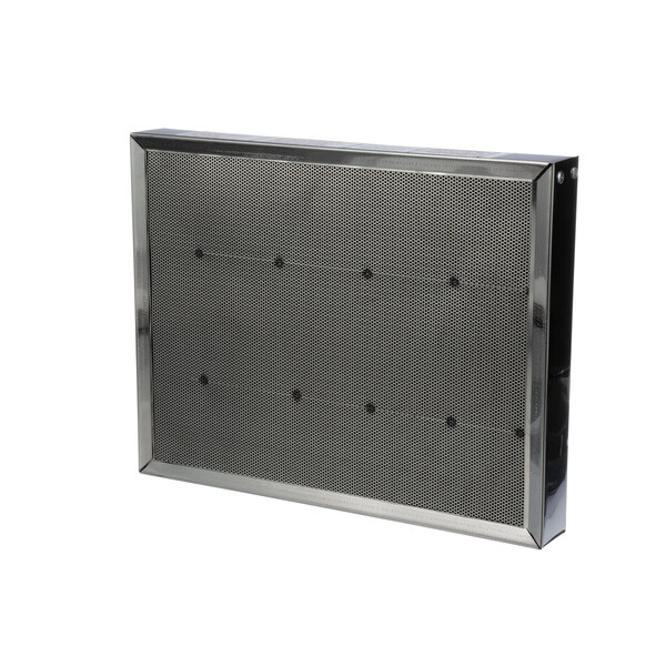 A metal grid with holes on a white background.