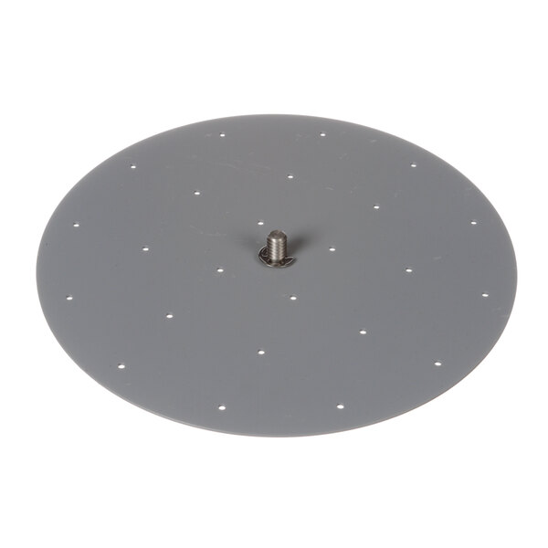 A grey circular Fetco spray plate with holes and a screw.