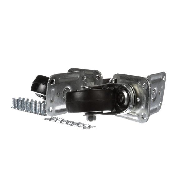 A Glastender caster set with two black wheels, nuts, and bolts.