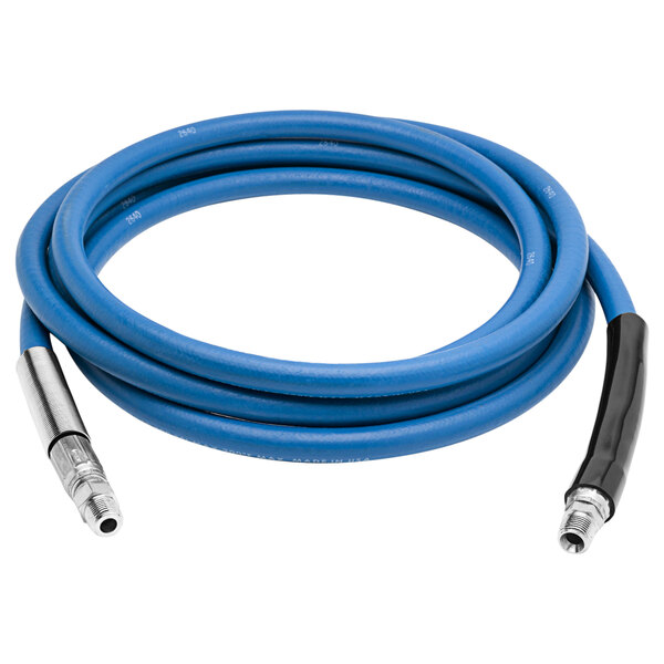 A blue hose with metal connectors on each end.