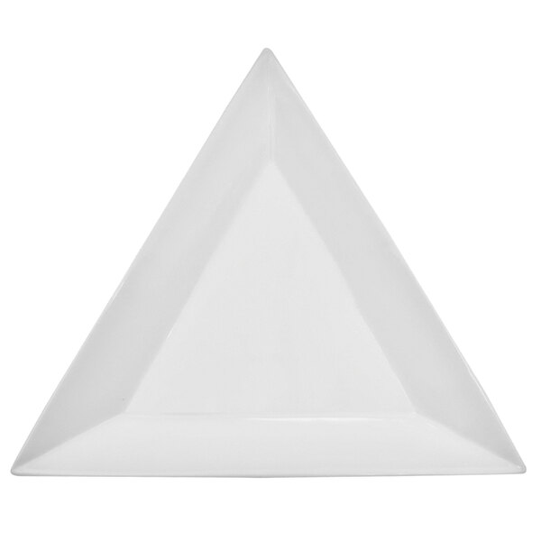 A white triangle shaped CAC porcelain plate.