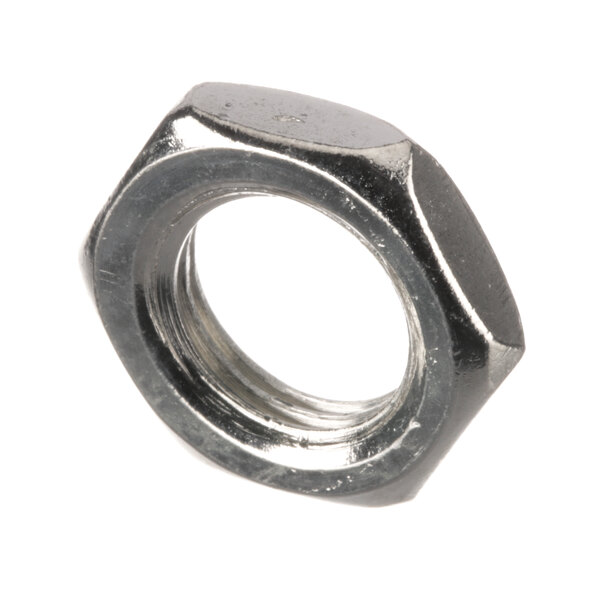 A close-up of a silver Bloomfield hex nut.