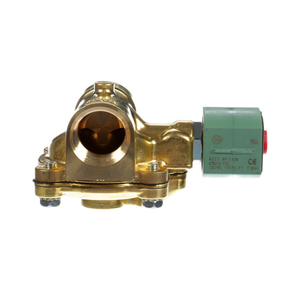 A close-up of a brass Cleveland solenoid valve with green and red accents.