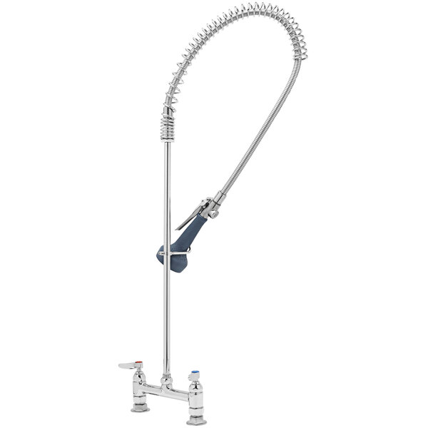 A chrome T&S deck mounted pre-rinse faucet with a curved handle and hose.