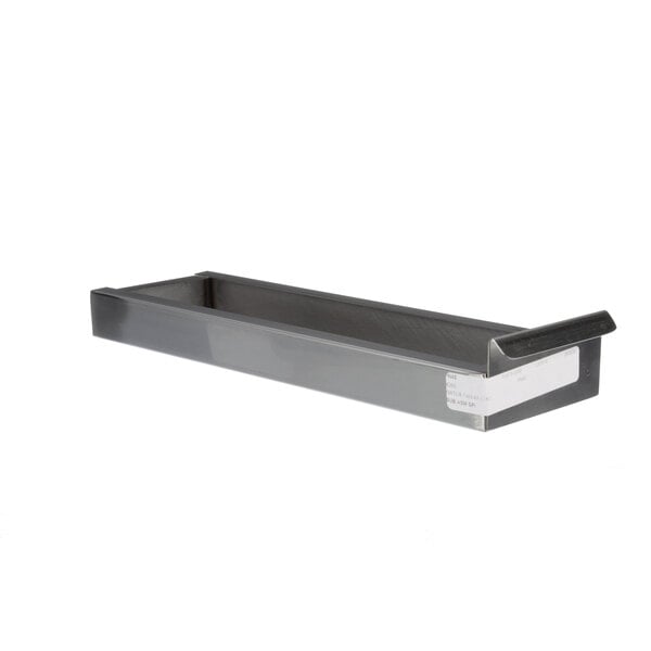A rectangular metal pan with a handle.