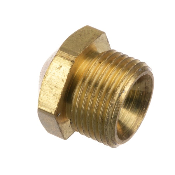 A brass threaded nut with a gold color on a white background.
