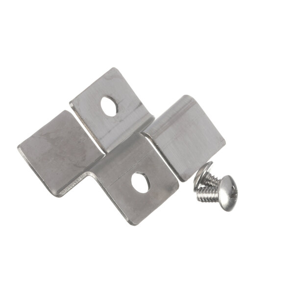 A pair of stainless steel Randell cutting board clips.