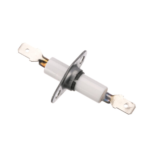 A white and silver electrical connector with two wires.