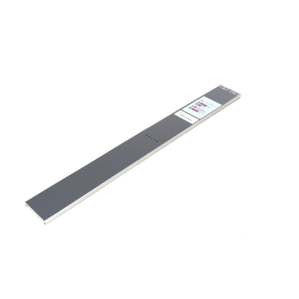 A long rectangular metal face plate with a white label.