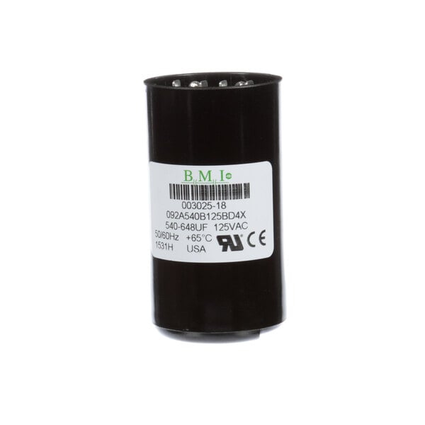 A black cylindrical Power Soak start capacitor with a white label.