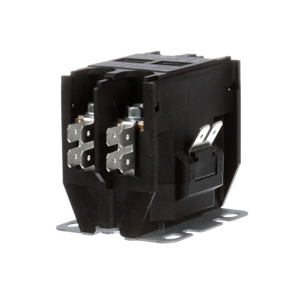 A black CONTACT-2POLE-208-240-40 contactor with metal parts and two wires.