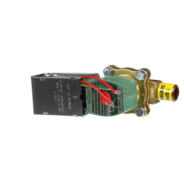 A Salvajor solenoid valve with red and yellow wires.