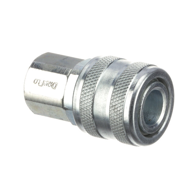 A stainless steel Edlund coupling with a threaded nut.