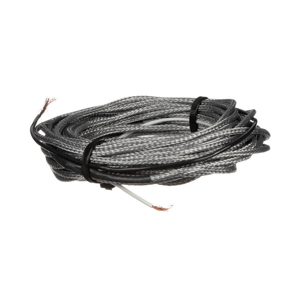 A coil of black and white wire with a white background.