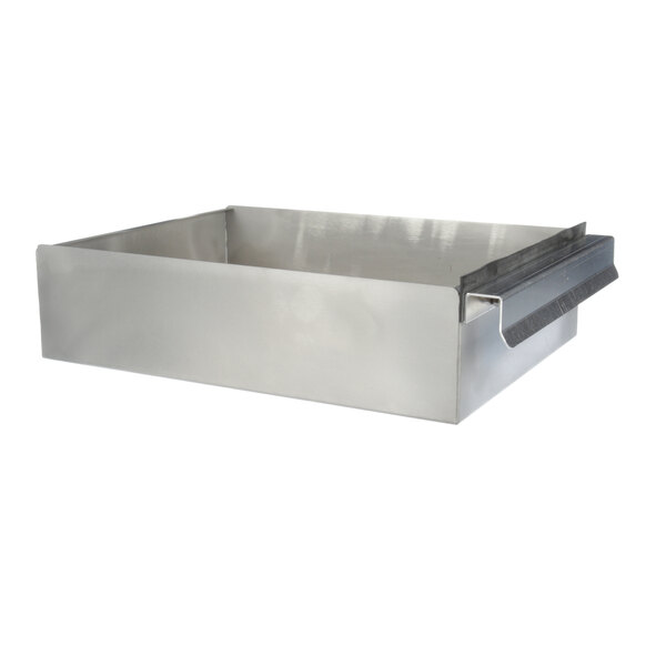A stainless steel water pan with a handle.
