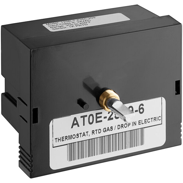 A black rectangular Accutemp digital thermostat with a white label.