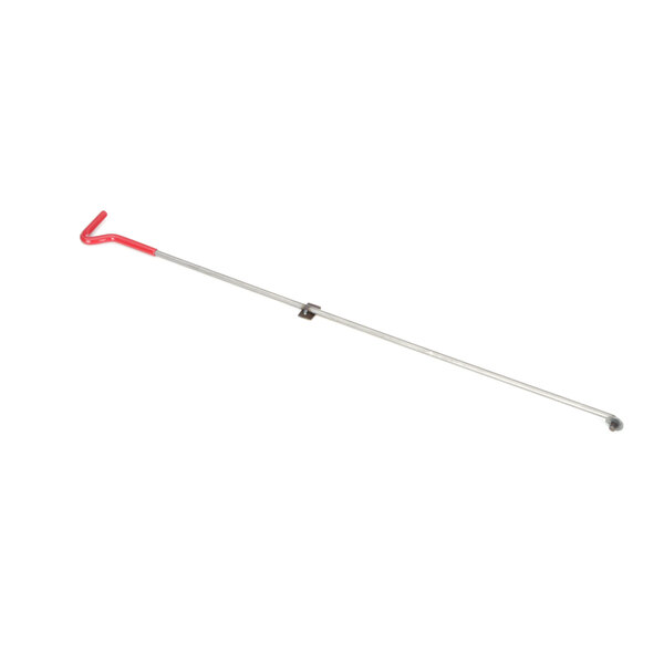 A long metal rod with a metal clip and a red handle.