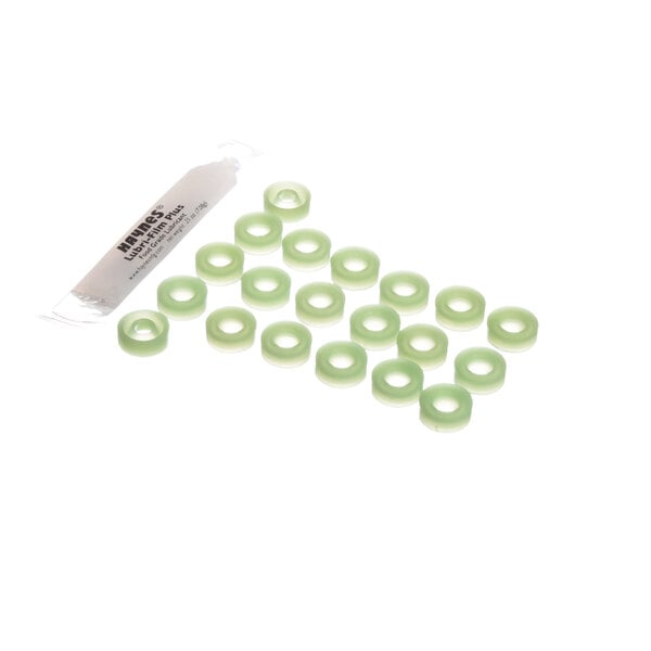 A pack of round green rubber rings.