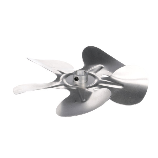 A silver Middleby Marshall fan blade with a propeller shape.
