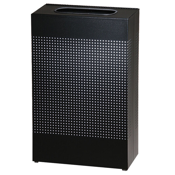 A black rectangular Rubbermaid waste receptacle with white dots around the middle.