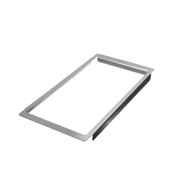 A rectangular metal template with a square hole in it.