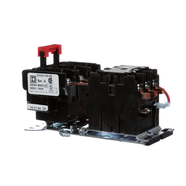 A close-up of a black Power Soak contactor with red switches.