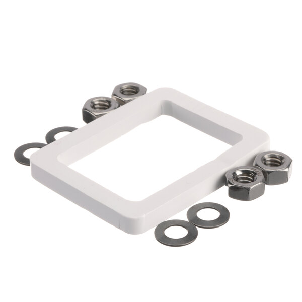 A white square Wells gasket with metal nuts.