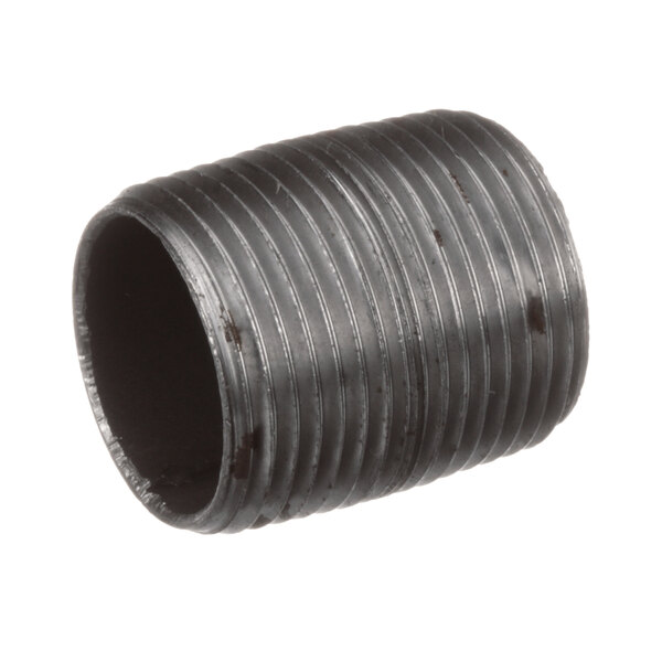A black iron threaded pipe with a hole.