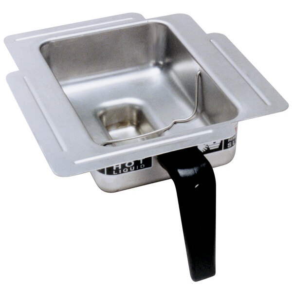 A stainless steel Bunn pouch pack funnel with a black handle.