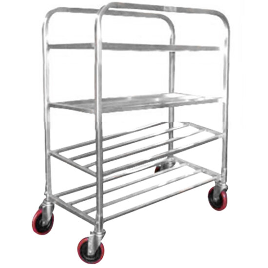 A silver Winholt metal cart with red wheels.