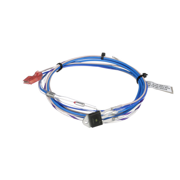 A blue wire harness with a blue and white cable.