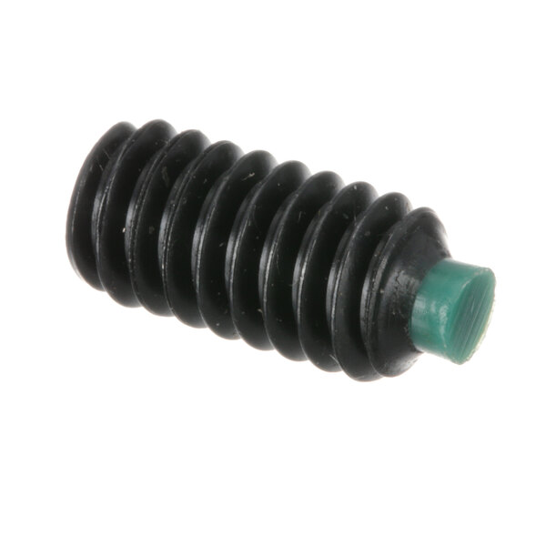 A close-up of a black and green Globe Set Screw with a black tip.