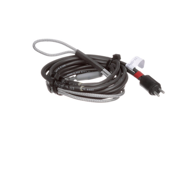 A black and grey cable with a red and white plug.