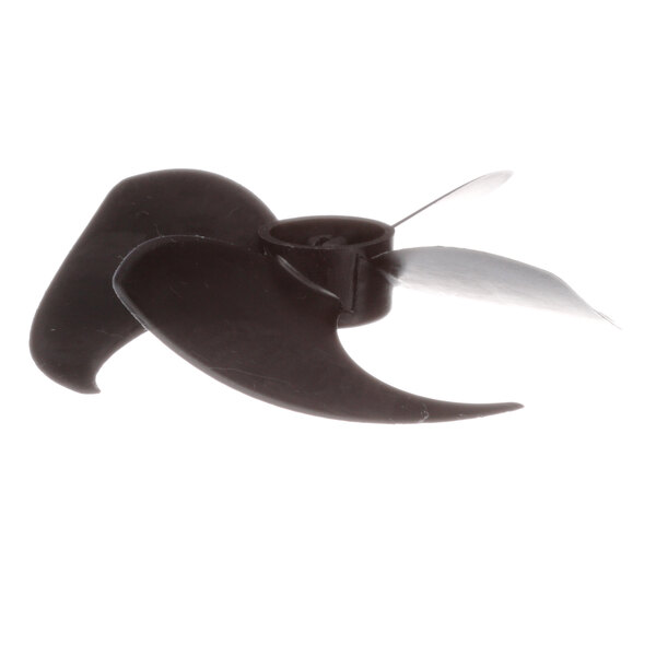 A close-up of a black Turbo Air Refrigeration evap fan blade propeller.