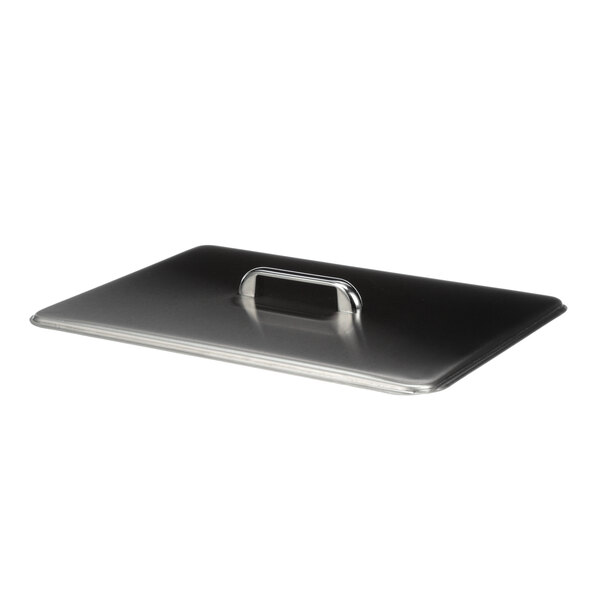A stainless steel rectangular lid with a metal handle.